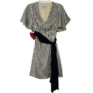 Judith March Retro Dress Short Sleeve Black Off White Stripe Rosette Belt Small